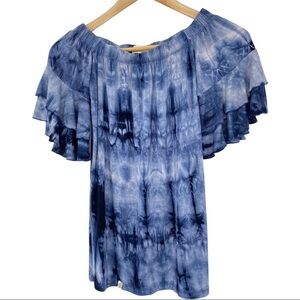 Simply Southern blue white tie dye ruffle sleeve top